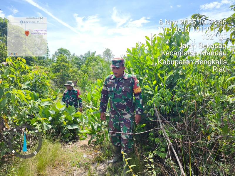 Babinsa Serma T.R.Lase, Sertu Ahmad Junaidi, Koptu P. Samosir Patroli Karhutla di Jalan Bekasap, Mandau