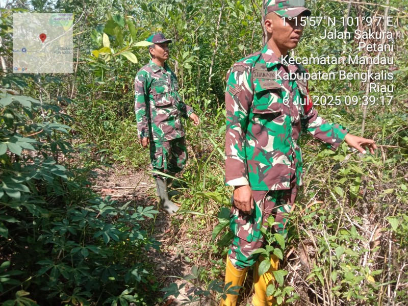 Babinsa Pelda Suprapto, Serka Agung, Sertu Handoko Berpatroli Karhutla di Jalan Rangau, Desa Petani, Bengkalis