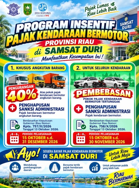 Mulai 15 Oktober! Pemprov Riau Berlakukan Diskon Pajak Kendaraan 40 Persen dan Pembebasan Tunggakan