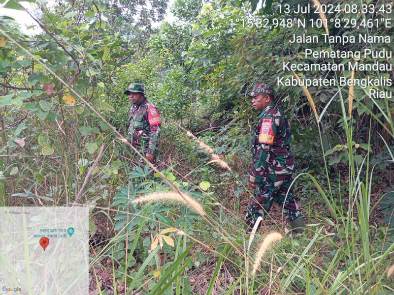 Cegah Karhutla, Babinsa Mandau Serma Suprapto, Serma Agusliadi dan Kopda S. Nasution Laksaksanakan Patroli di Desa Petani