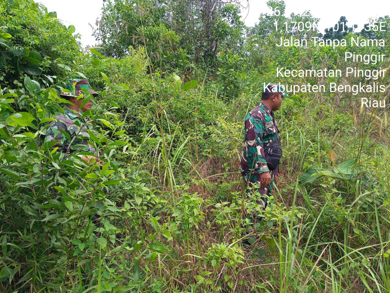 Terus Laksanakan Patroli, Babinsa Koramil 03/Mandau Sertu Roy Pardomuan dan Serda Ramadhani di Desa Pinggir