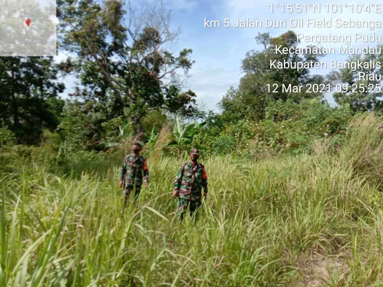 Peltu Jefri Dian dan Serda Handoko  Patroli Cegah Karhutla di Kelurahan Pematang Pudu