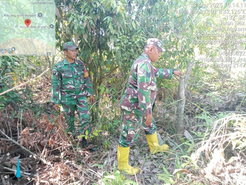 Babinsa Serma Agusliadi, Sertu Joni R, Serda Zulkarnain Berpatroli Karhutla di Jalan Siak, Balai.Makam, Kecamatan Batsol