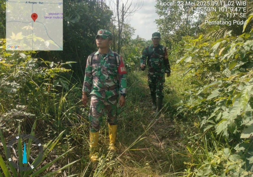 Babinsa Serka SDG Barus dan Pratu I. Sinaga Berpatroli Karhutla di Kelurahan Pematang Pudu, Mandau, Bengkalis