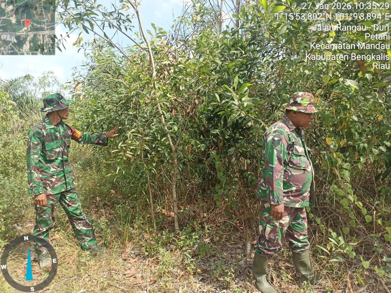 Babinsa Serma Agus Liadi, Sertu Robbi, Koptu Mukhsin K Patroli Karhutla di jalan Rangau, Desa Petani