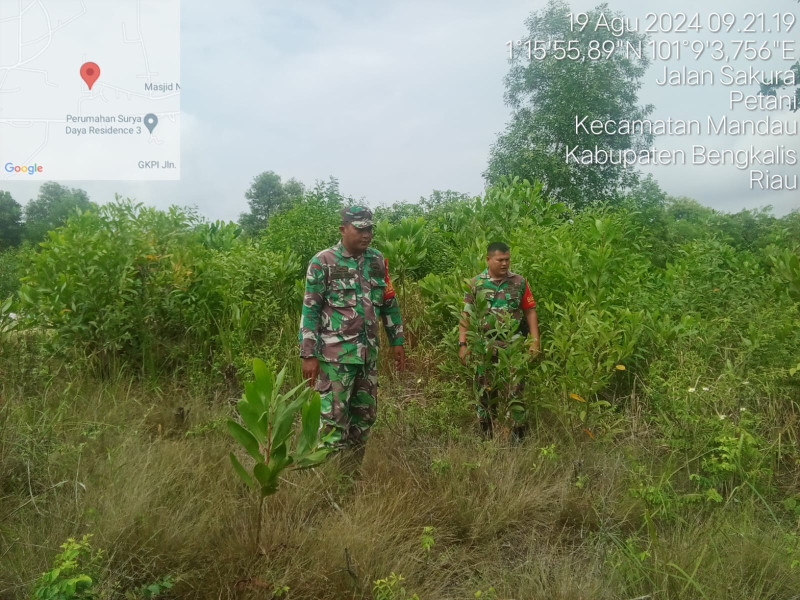 Cegah Karhutla, Babinsa Mandau Sertu Handoko, Serda Ahmad Junaidi dan Kopda Ade, Laksaksanakan Patroli di Jalan Sakura
