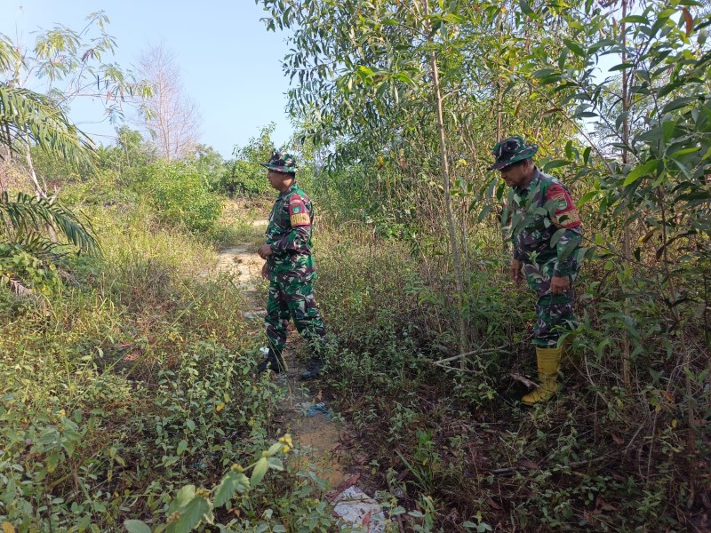 Babinsa Serma Fauzi, Sertu Awaludin, Koptu ML Silaban Patroli Karhutla di jalan Rangau, Desa Petani