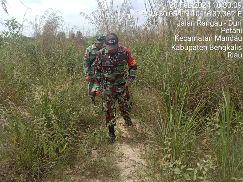 Cegah Karhutla, Babinsa Koptu Ml. Silaban, Koptu Muchsin dan Kopda P. Samosir, di Jalan Rangau, Desa Petani