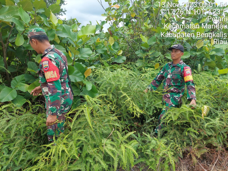 Terus Laksanakan Patroli, Babinsa Koramil 03/Mandau Sertu Roy P., Serda Joni dan Serda D. Simanjuntak di Jalan Ujung Batu Desa Petani