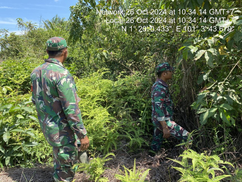 Babinsa Serka Ristiyo, Serda Paino dan Pratu Indra Sinaga Berpatroli Karhutla di Desa Petani