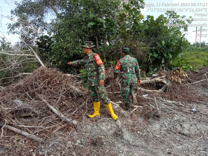 Upaya Cegah Karhutla, Babinsa Sertu P. Sinaga, Serda M. Fikri, Serda A. Junaidi, di Desa Petani