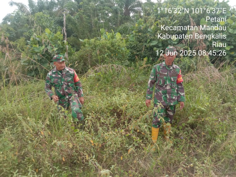 Babinsa Pelda Suprapto, Serka Agung, Sertu Handoko Berpatroli Karhutla di jalan Satria kecamatan Mandau, Bengkalis