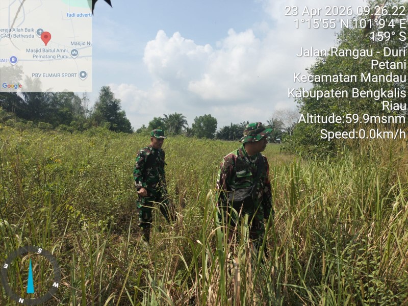 Babinsa Serka SDG Barus, Sertu A.T Silaban  Patroli Karhutla di Desa Petani, Kecamatan Bathin Solapan