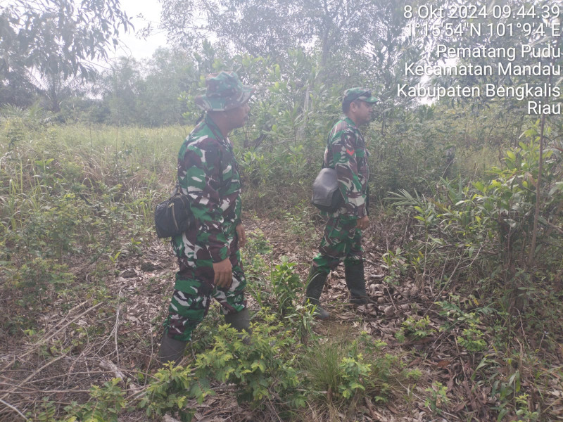Babinsa Serka Agung, Sertu AT. Silaban dan Koptu M. Khan Berpatroli Karhutla di Jalan Sakura, Desa Petani