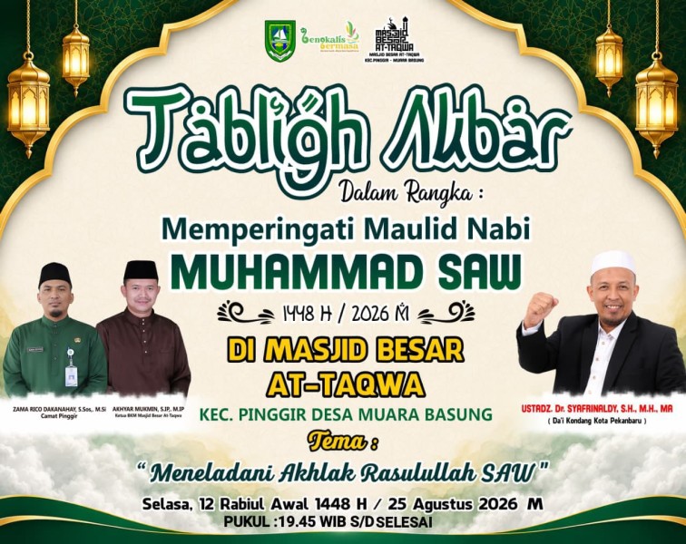 Memperingati Maulid Nabi, Tablig Akbar dihadiri Ustad Dr. Syafrinaldi, SH, MH, MA di Masjid AT Taqwa Pinggir