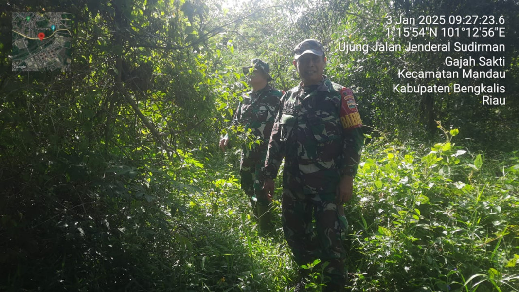 Babinsa Sertu Rosdianto, Serda Ahmad Junaidi dan Kopda P. Samosir berpatroli Karhutla di Gajah Sakti