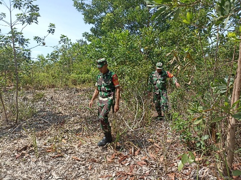 Antisipasi Karhutla, Babinsa 03/Mandau Sertu Robbi, Serda Ahmad Junaidi Berpatroli di Desa Petani