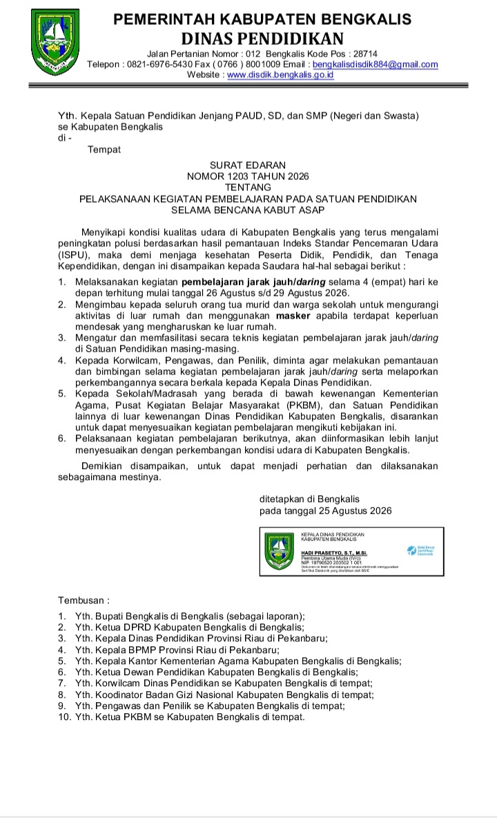 Diselimuti Bencana Kabut Asap, Disdik Bengkalis Keluarkak SE Sekolah Daring Selama 4 Hari