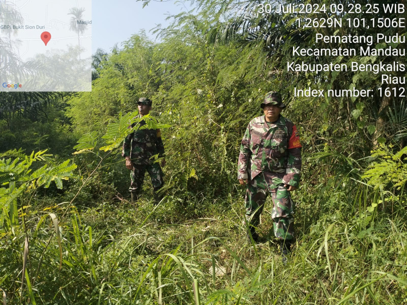 Cegah Karhutla, Babinsa Mandau Pelda Armen, Sertu Robby dan Serda Z. Panjaitan Laksaksanakan Patroli di Jalan Rangau KM 6