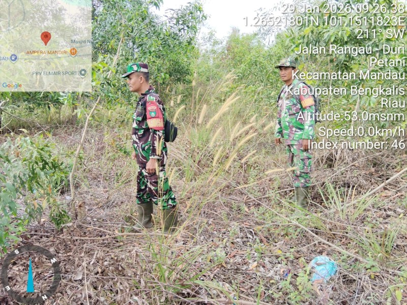 Babinsa Serka SDG Barus, Serda D. Simanjuntak, Serda Paino Patroli Karhutla di jalan Rangau, Desa Petani