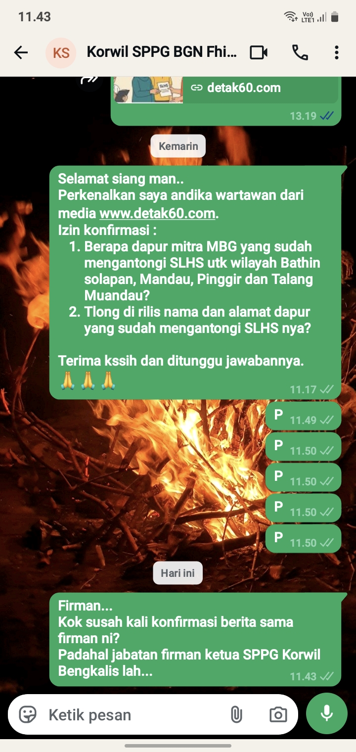 Diduga Ketua SPPG Korwil Bengkalis Anti Awak Media Saat Dikonfirmasi Mengenai SLHS