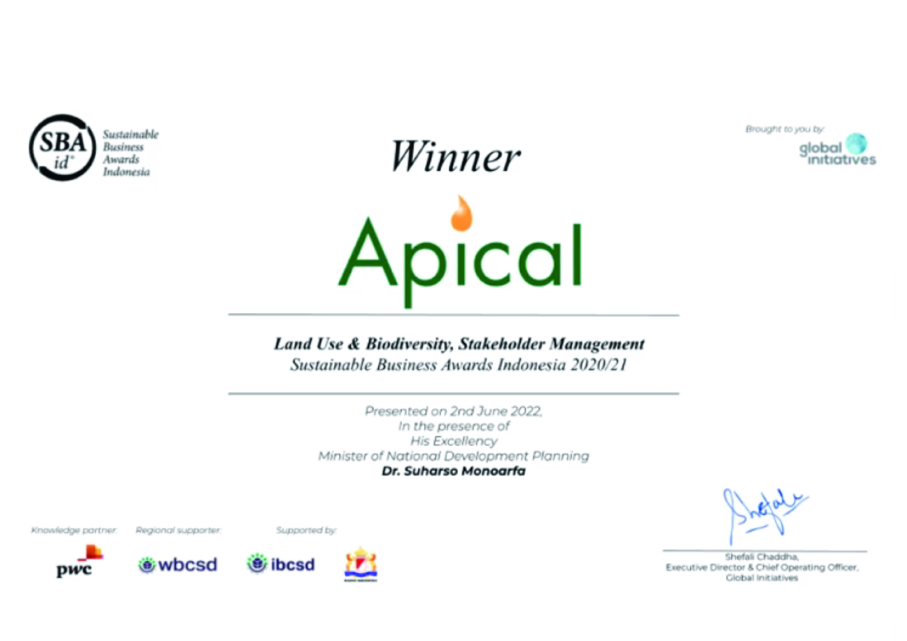 Apical Group Sabet Lima Penghargaan di Sustainable Business Award Indonesia 2020/2021