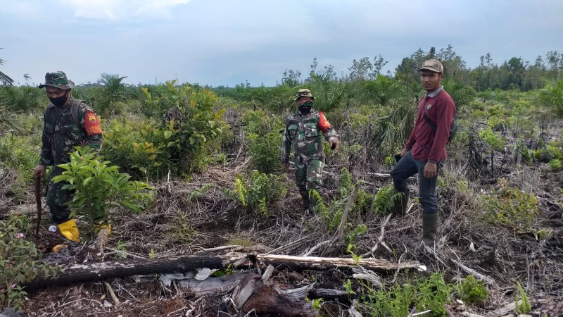 Serda P. Sinaga dan Kopda Bambang Patroli Karhutla di Desa Tasik Tebing Serai