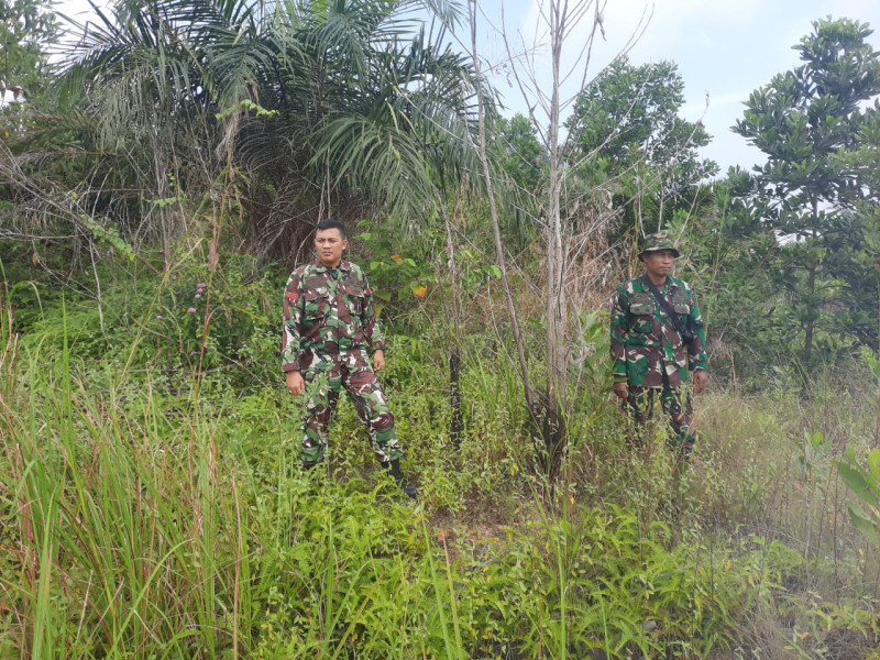 Cegah Karhutla, Babinsa Pelda Sutrisno, Serma Suprapto dan Praka Alif Alfindo di jalan Desa Petani