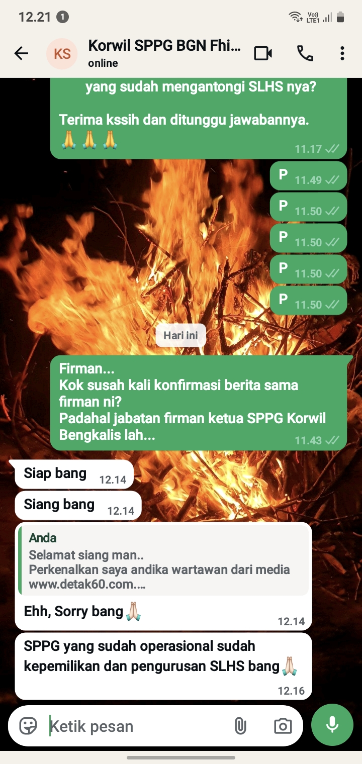 Usai Diberitakan Dugaan Anti Awak Media, Ketua SPPG Korwil Bengkalis, Menjawab Singkat Konfirmasi Wartawan
