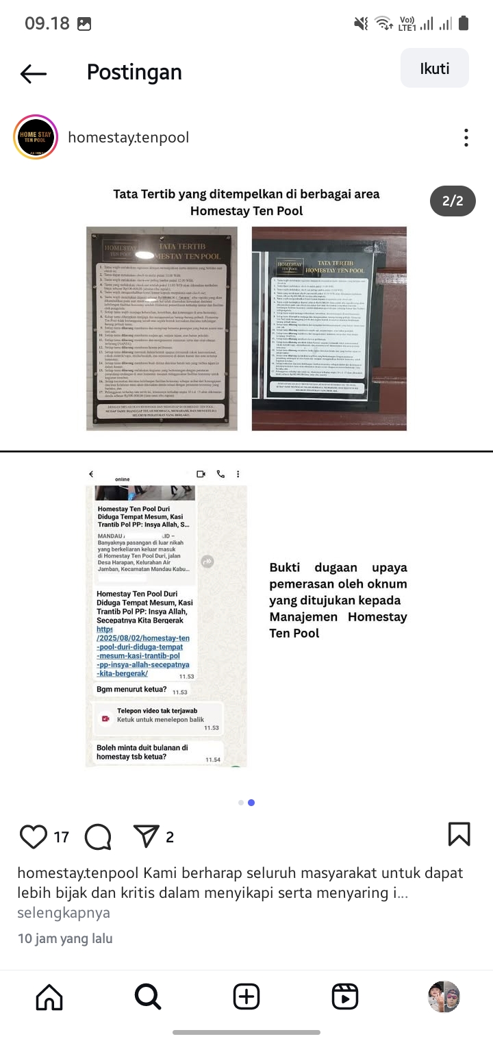 Diberitakan Dugaan Menjadi Sarang Maksiat, Manajemen HomeStay Ten Pool Duri Posting Klarifikasi dan Upaya Pemerasan di Medsos